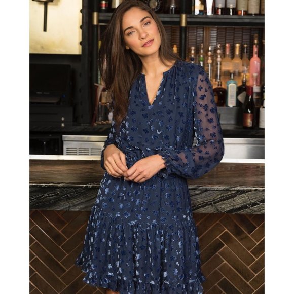 Shoshanna Levon Long-Sleeve Burnout Velvet Dress Navy Lapis Size 4 - Picture 1 of 8